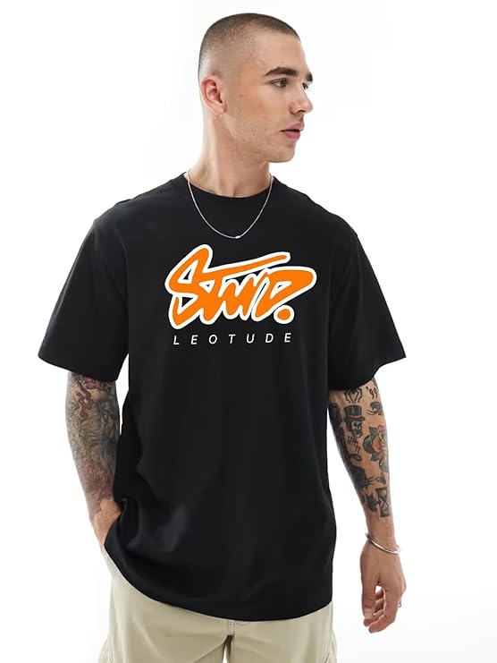 Zoom fashion brand Premium Quality Half Sleeve Oversized T-shirt for Men, Round Neck Cotton blend Drop Shoulder Printed T-Shirt (Black Color) - Image 4
