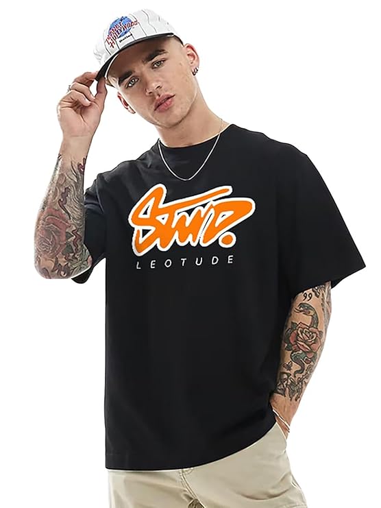 Zoom fashion brand Premium Quality Half Sleeve Oversized T-shirt for Men, Round Neck Cotton blend Drop Shoulder Printed T-Shirt (Black Color) - Image 3