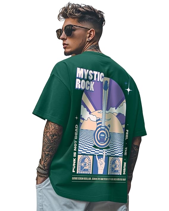 Pure Cotton Oversized Baggy Fit Drop Shoulder Stylish and Latest Graphic Printed Round Neck Half Sleeves T-Shirt for Men (Available Color Options: Black, Green) - Image 3